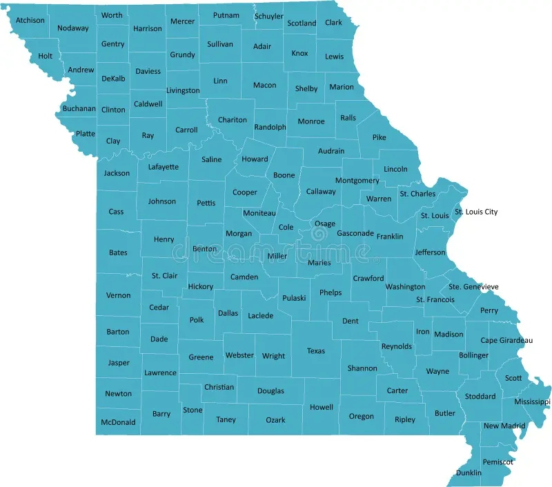 Missouri county map showing all 114 counties